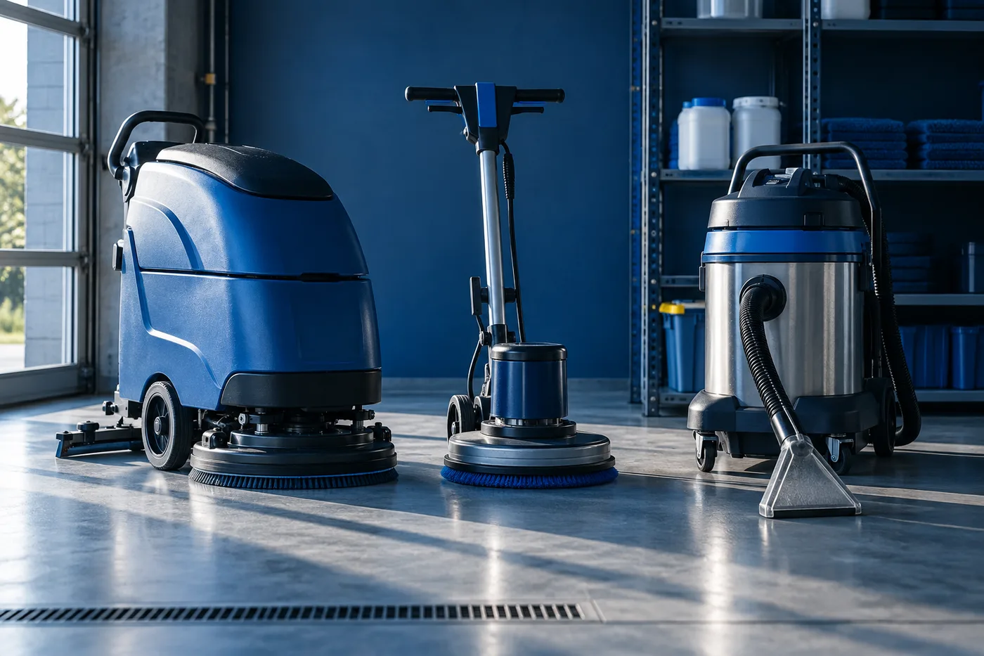 Illustration de trois familles de machines de nettoyage alignées