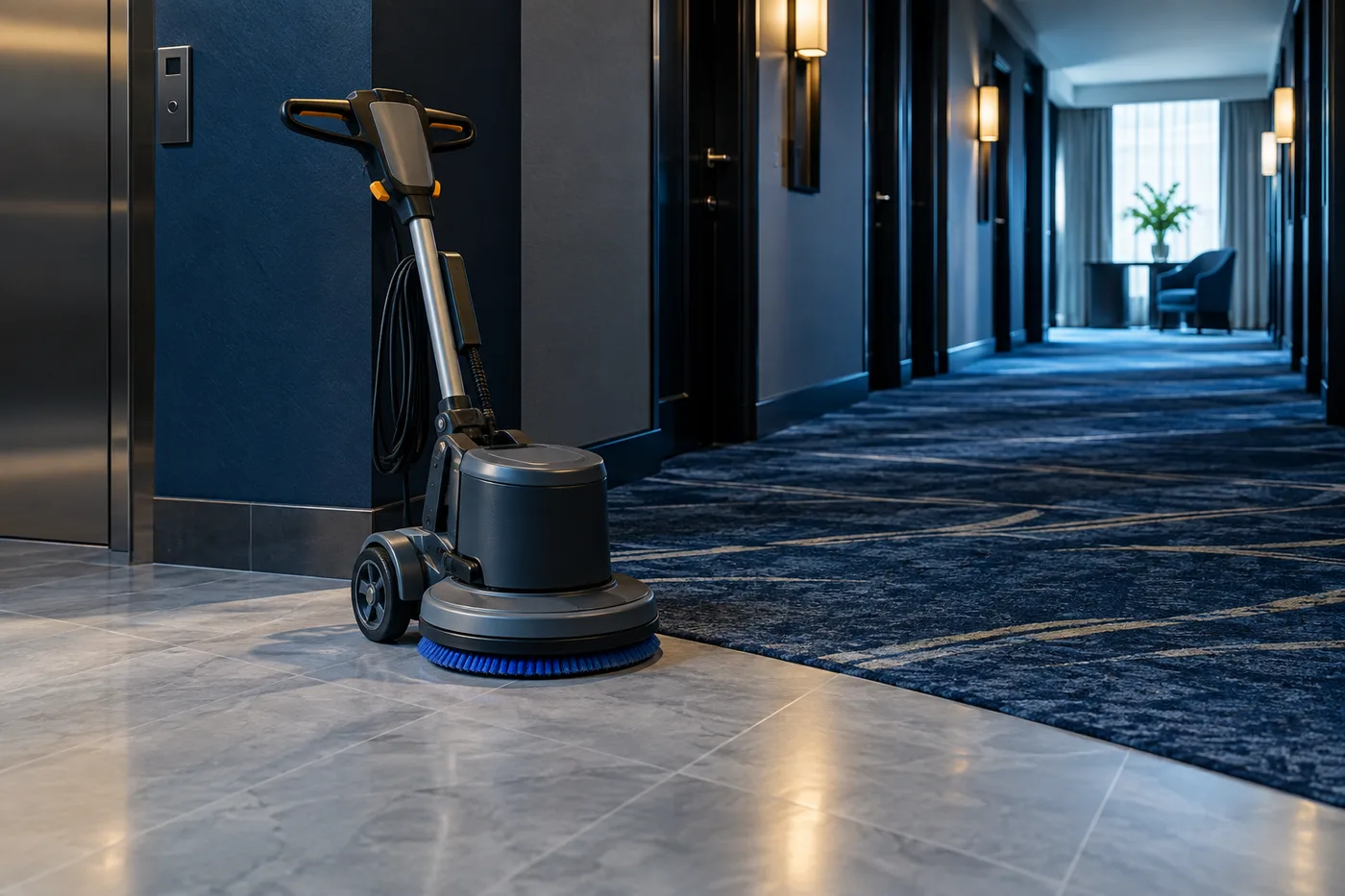 Illustration d’une machine compacte à la jonction moquette et sol dur d’un hôtel