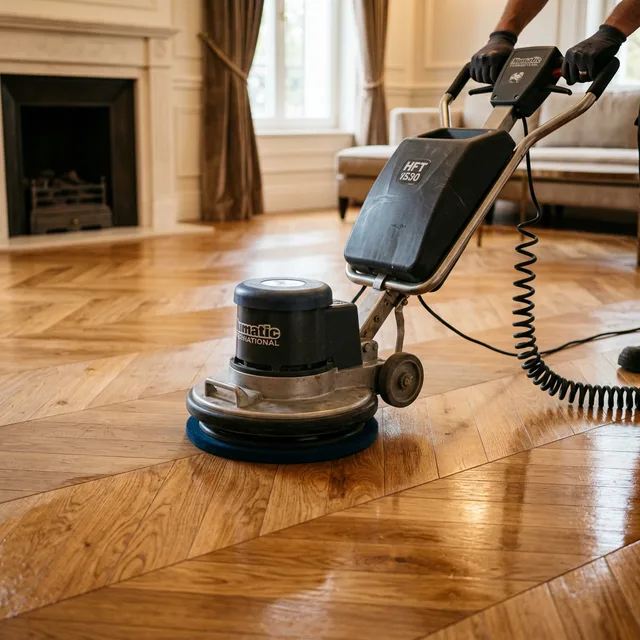 Illustration d’une monobrosse travaillant un parquet en point de Hongrie