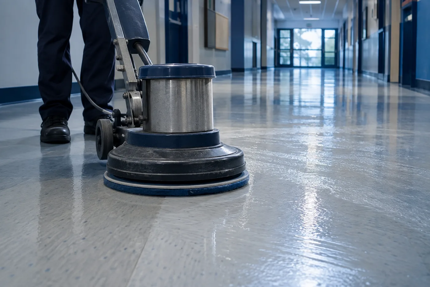 Illustration d’une monobrosse décapant un sol en PVC dans un couloir
