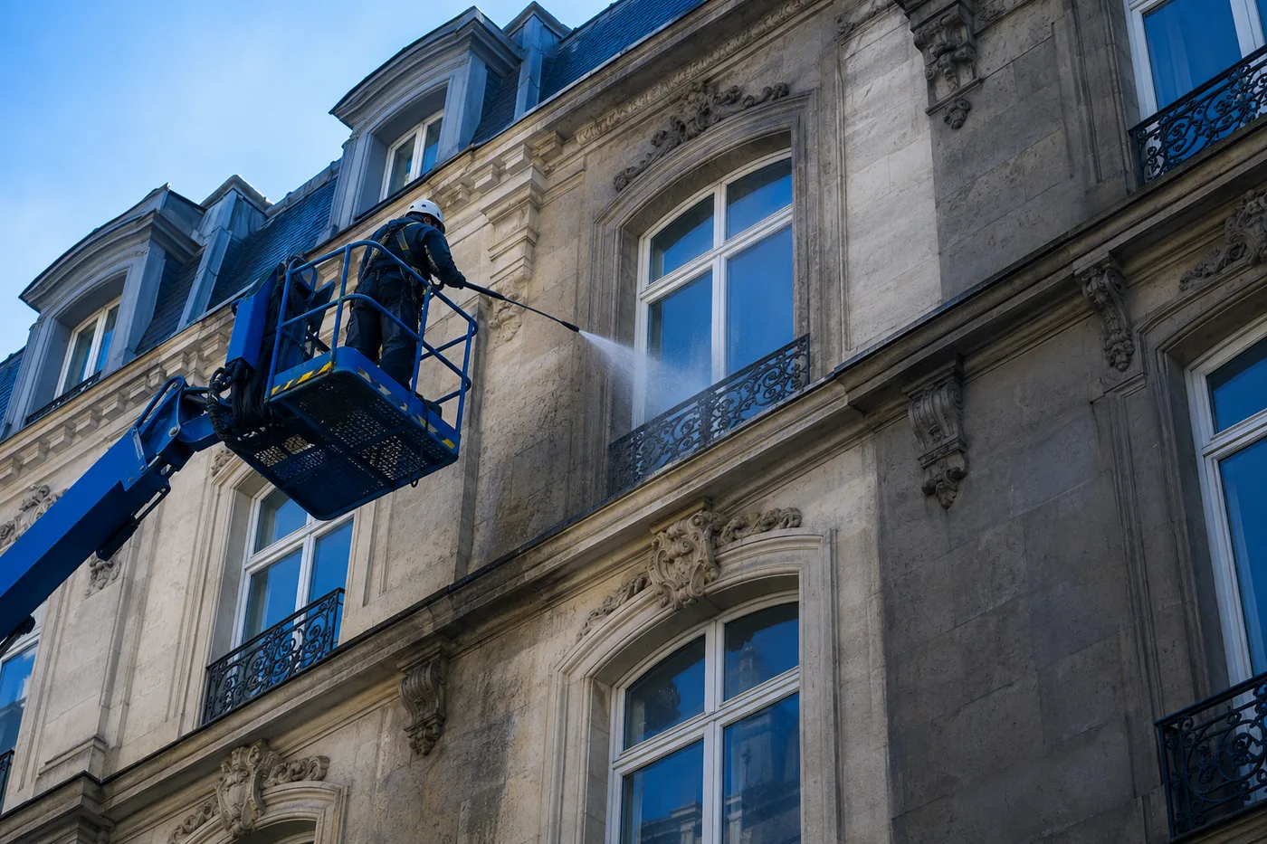 Illustration du nettoyage d’une façade en pierre depuis une nacelle