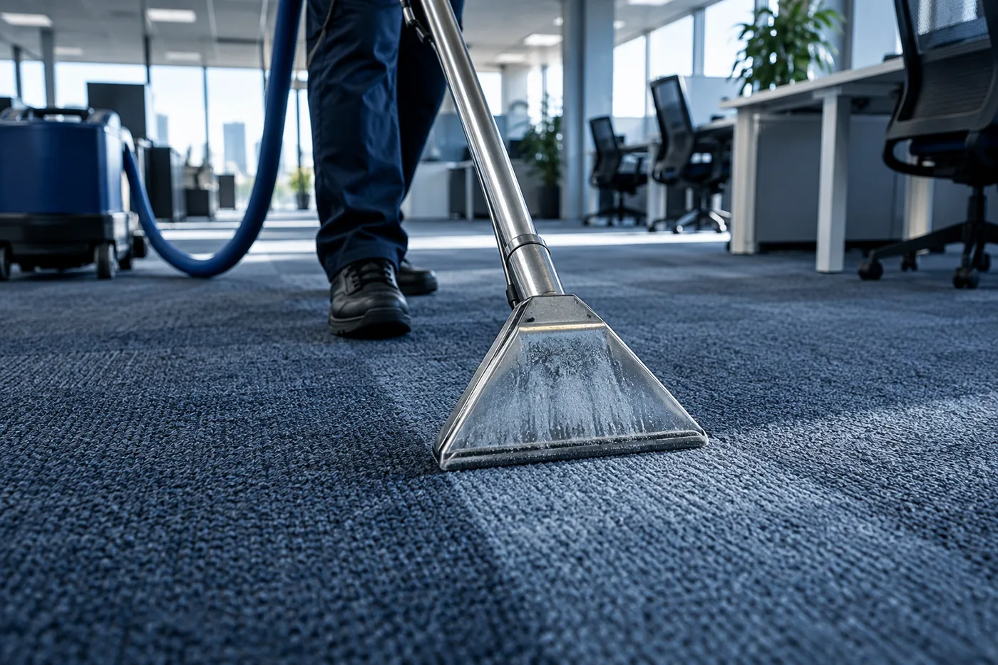 Illustration d’une buse d’injection-extraction travaillant une moquette de bureau