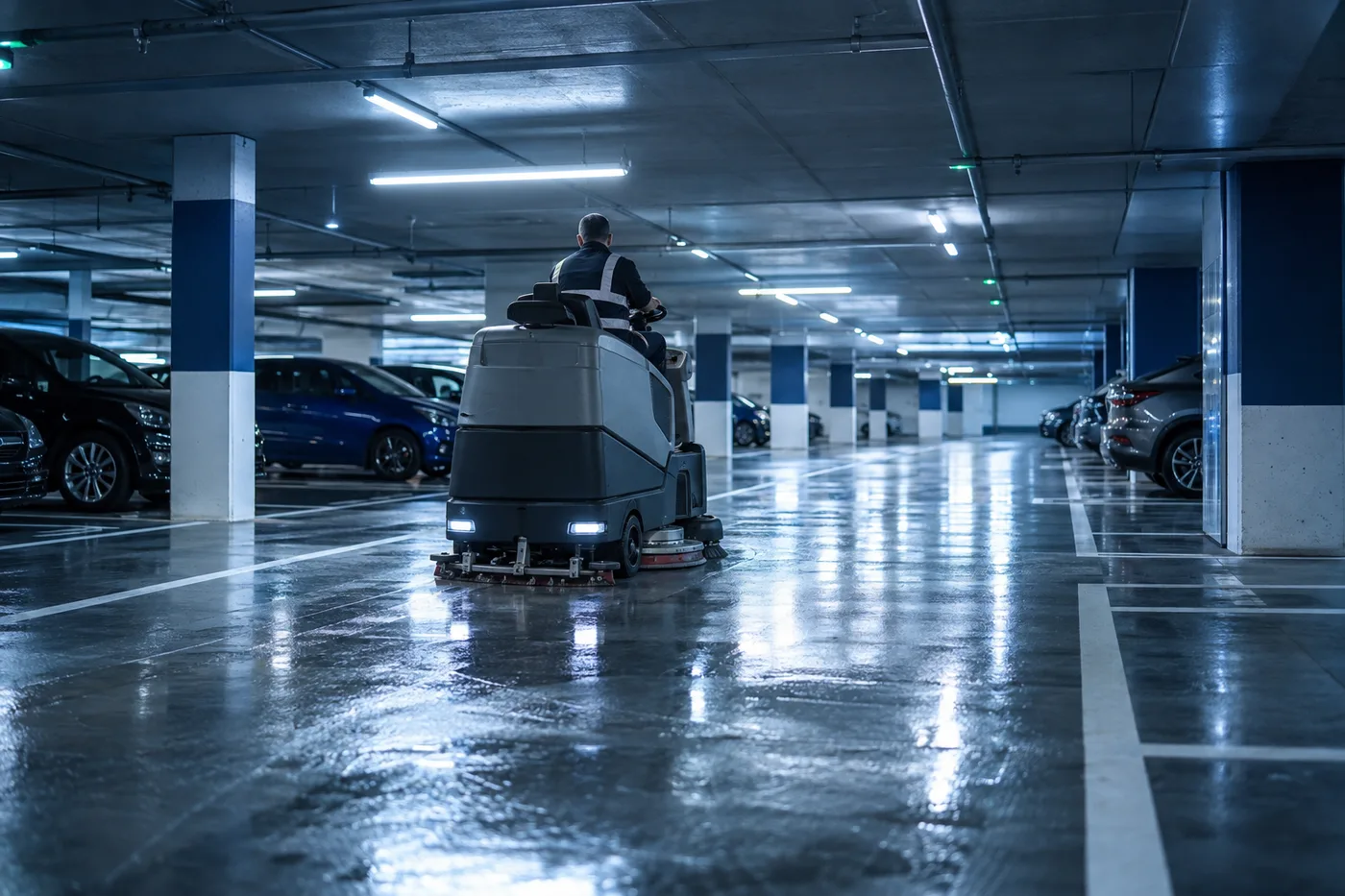 Illustration d’une machine de nettoyage lavant un parking souterrain