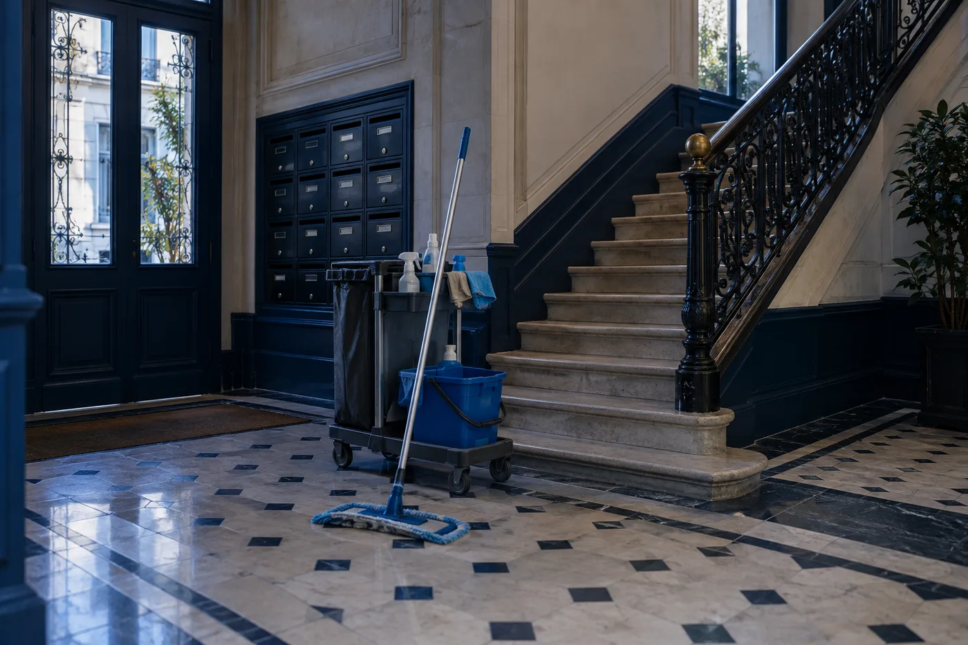 Illustration du nettoyage du hall et de l’escalier d’un immeuble
