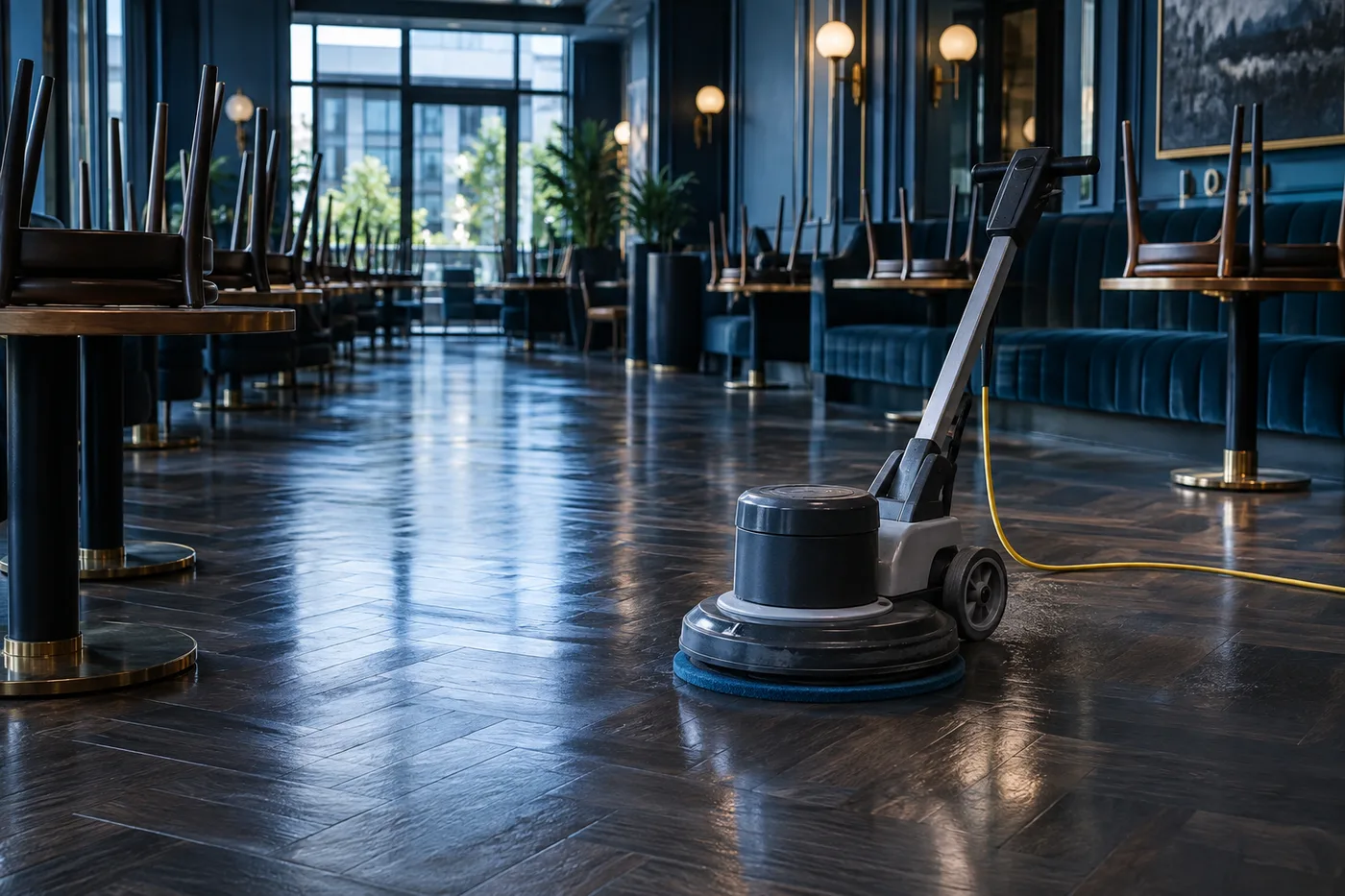 Illustration du nettoyage du sol d’une salle de restaurant hors service